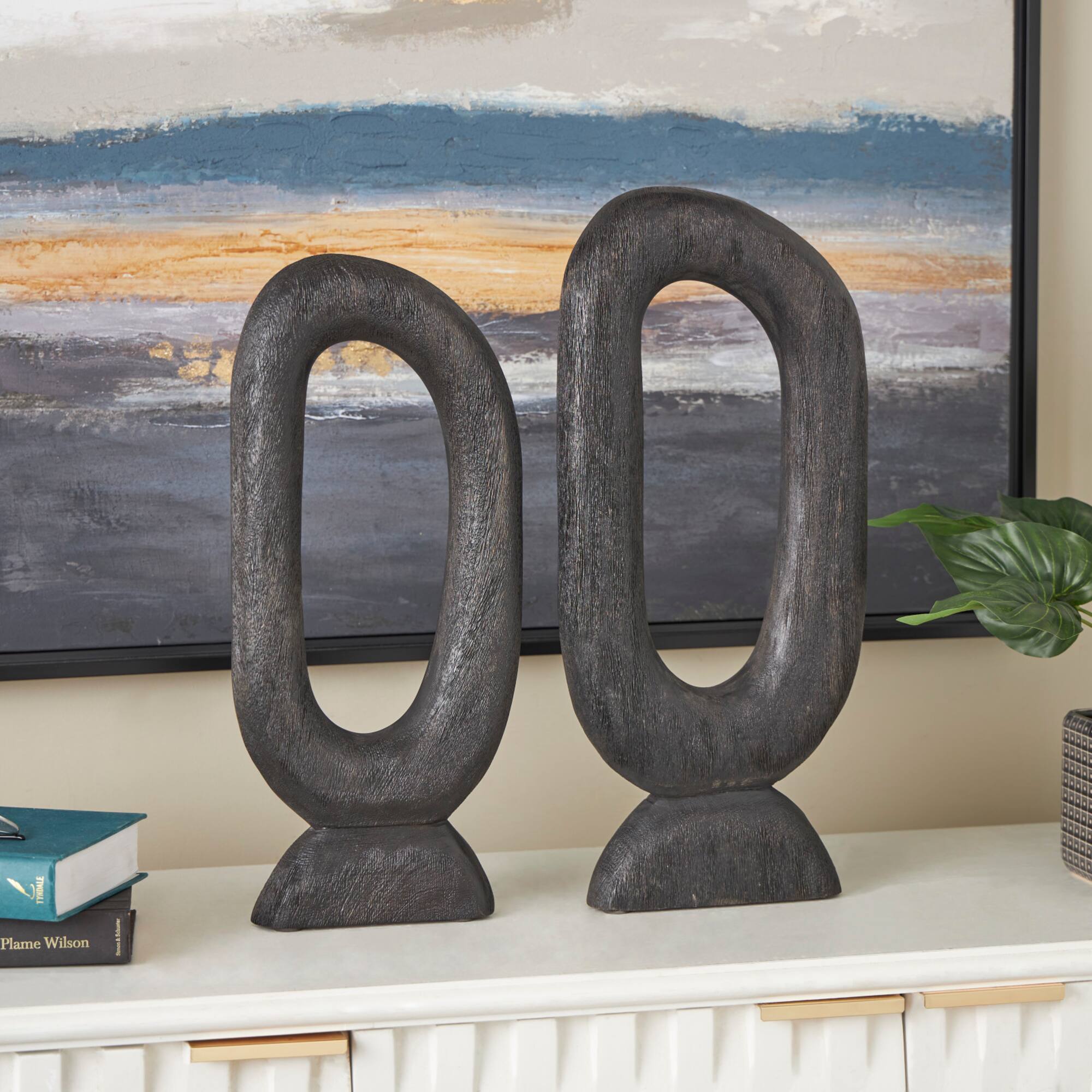 Black Mango Wood Abstract Oval Sculpture Set